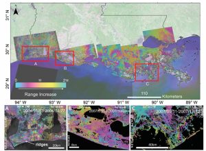 Figure 1. Mosaic of ALOS and Radarsat-1 interferograms for coastal Louisiana. The red frames show the location of enlarged interferograms presented in Figures A, B and C. A) Radarsat-1 interferogram of the western Chenier Plain spanning 24-day period (2004/01/03–2004/01/27). In the central part of the interferogram fringe patterns show changes in inland water bodies. The left side of the interferogram shows fringe patterns due to the morphology of the Chenier reflecting water level changes in the mudflats in between the ridges of the Chenier’s. B) ALOS interferogram, 92 days (2007/07/03–2007/10/03), of the central Chenier Plain showing phase changes due to elongated fringe patterns sub-parallel to the coastline coinciding with man-made canals. C) ALOS interferogram of the west of the Mississippi River delta, spanning 92-day period (2007/09/11–2007/12/12). The interferogram showing two fringe cycles across the tidal zone mapping the tide inundation extent.