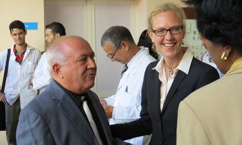 Dr. Tanya Zakrison meets with officials with the University of Havana’s Calixto Garcia Hospital during an international conference that coincided with the hospital’s 121st anniversary.