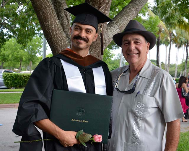 Tony Mendez, left, at his graduation from UM, with his uncle Ricardo, the inspiration for his award-winning graduate thesis film, El Mar y Él (2015). Photo credit: Tony Mendez