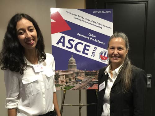 Naraya Sabrina and Helena Solo-Gabriele at the 2016 Annual Meeting for the Association for the Study of the Cuban Economy, where Sabrina was presented the first-place award for her research with Alexandra Westbrook on Havana’s wastewater infrastructure.